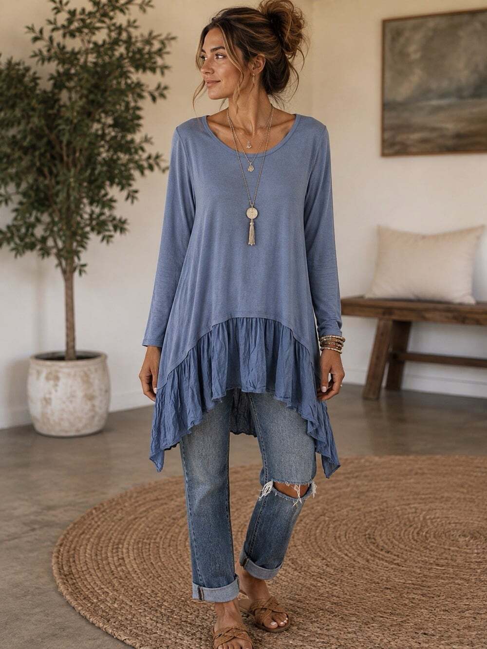 Tempo Paris XL Tiered Long Sleeve Tunic Top Boho Blue Ruffle Lagenlook Festival